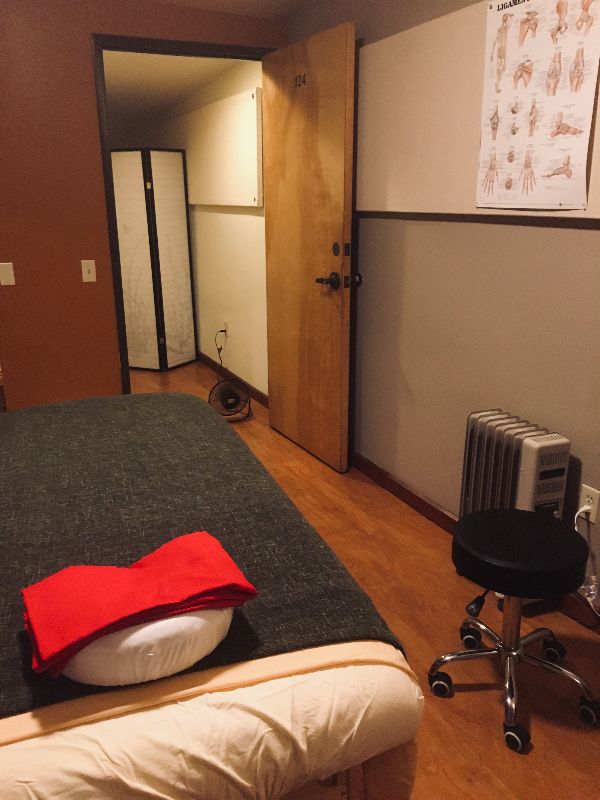 Color image of the massage studio from the head of the massage table. View through the main studio entrance to the hallway and the back of the divider separating my studio from the rest of the building. It's a calm, quiet space designed to be easily sanitized, and have quiet clean lines.
